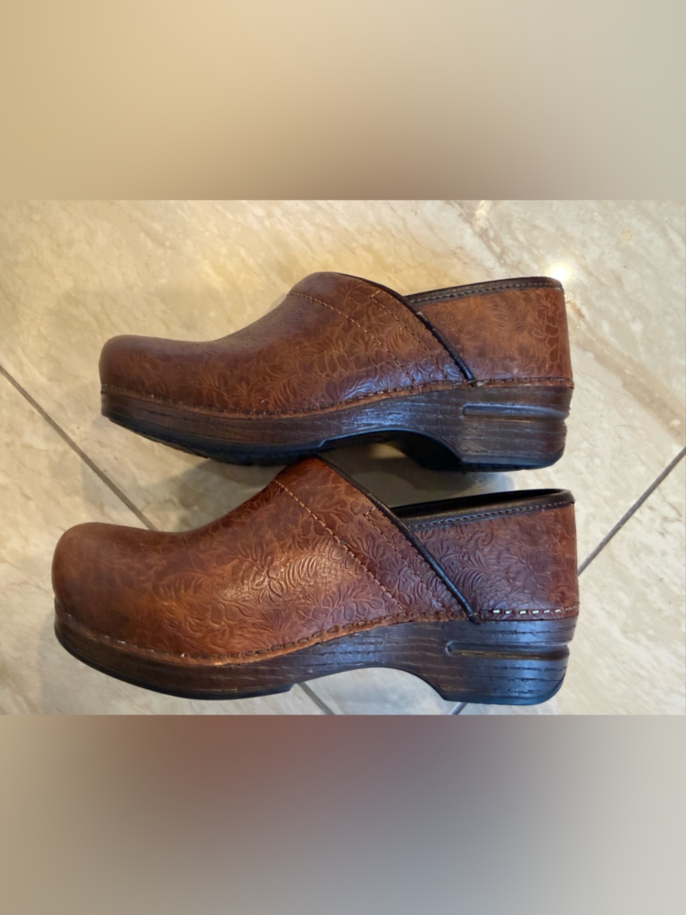 Dansko Brown Embossed Tooled Floral Professional Leather Clog - 37 (6.5 - 7) - Picture 5 of 7
